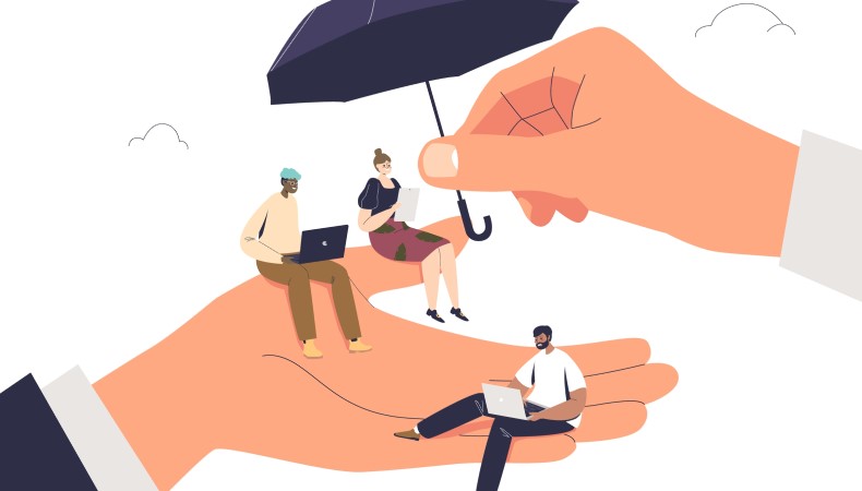 Illustration of people working sitting on a hand while the other hand holds an umbrella above them