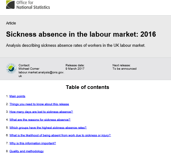 Sickness absence in the labour market 1