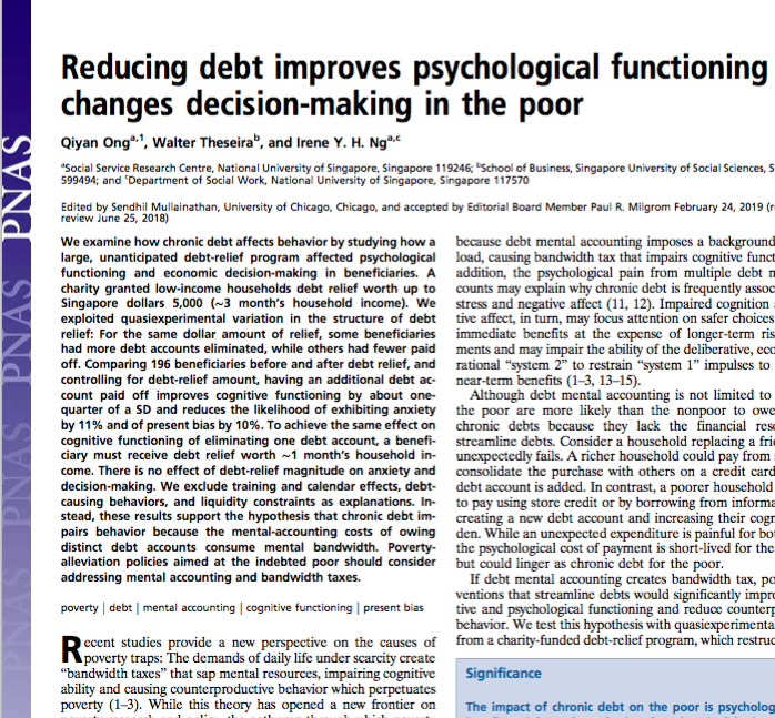 Reducing debt improves psychological functioning and changes decision-making in the poor 1