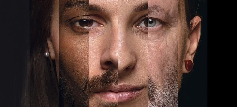 Human face made from portrait of different people of diverse age, gender and race over black background.