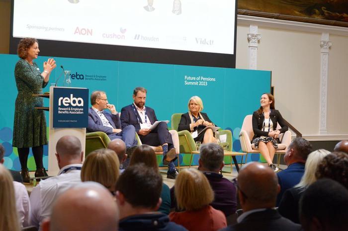 REBA's director Debi O'Donovan chairing a panel session during REBA's Future of Pensions Summit 2023